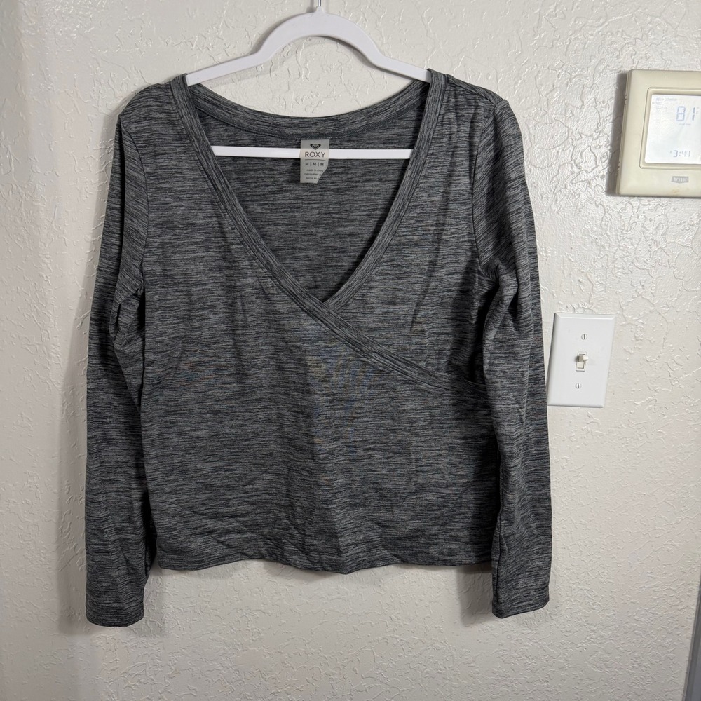 Roxy Womens Gray Heathered Faux Wrap V-Neck Long Sleeve Top Size Medium